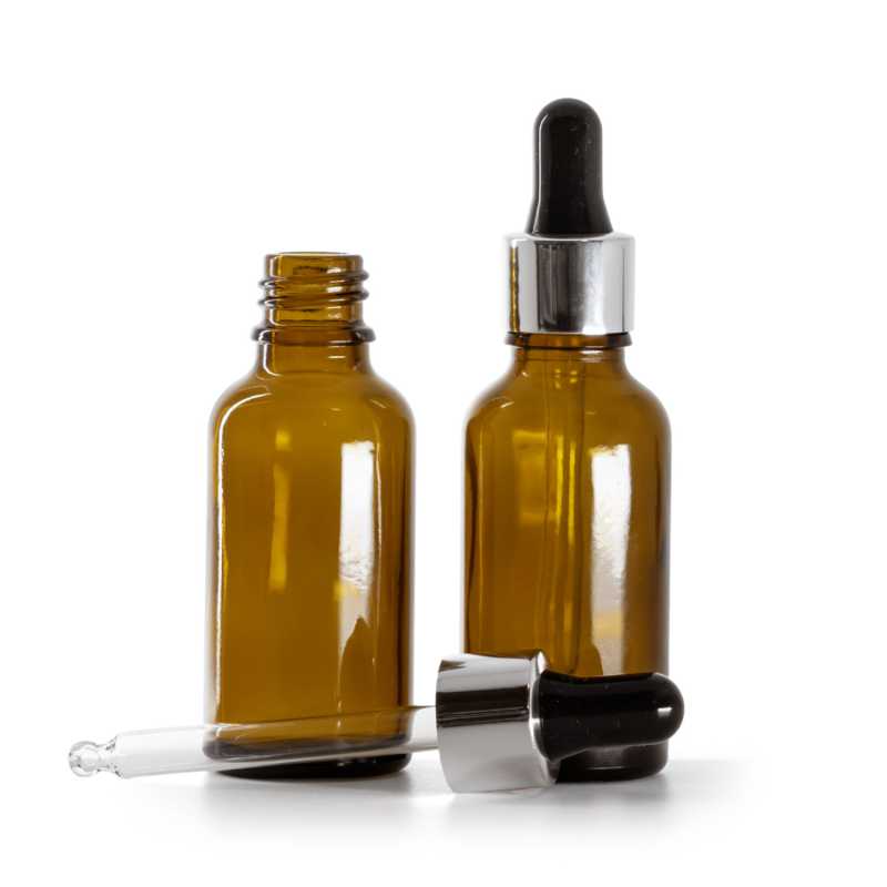 Borostyánszínű üvegpalack fekete-ezüst fényes pipettás cseppentővel 30 ml