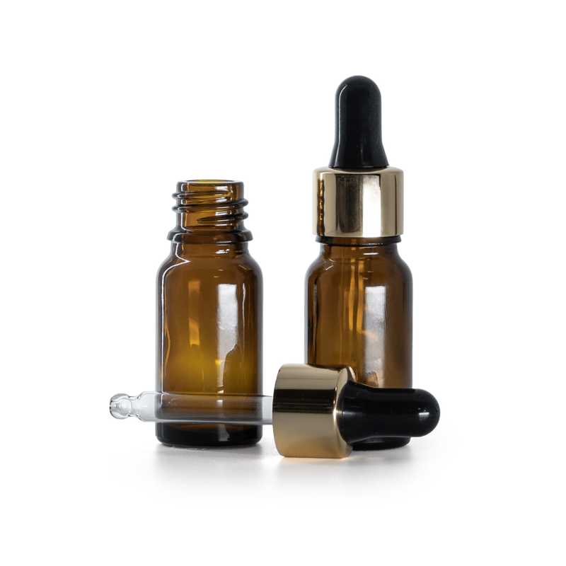 Borostyánsárga üvegpalack fekete-arany pipettás cseppentővel 10 ml