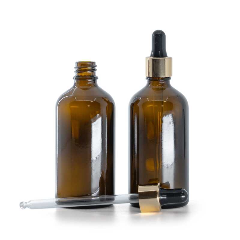 Borostyánszínű üvegpalack fekete-arany pipettával 100 ml