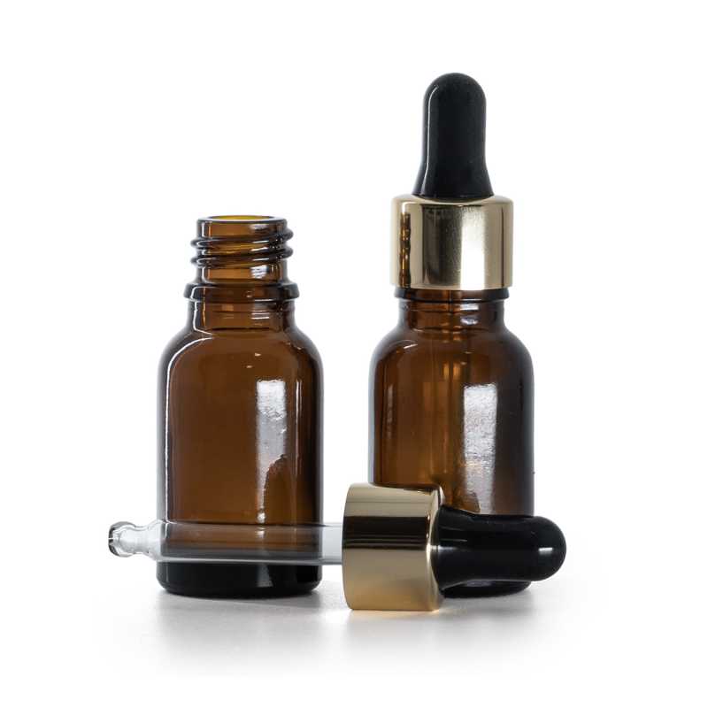 Borostyánszínű üvegpalack fekete-arany pipettás kupakkal 15 ml