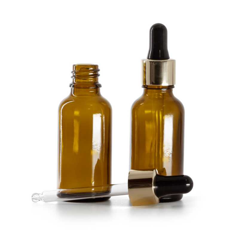 Borostyánszínű üvegpalack fekete-arany pipettával, 30 ml