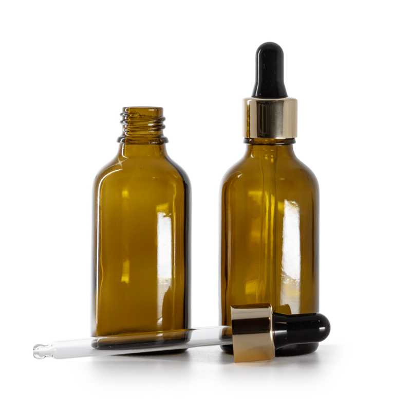 Borostyánszínű üvegpalack fekete-arany pipettával 50 ml