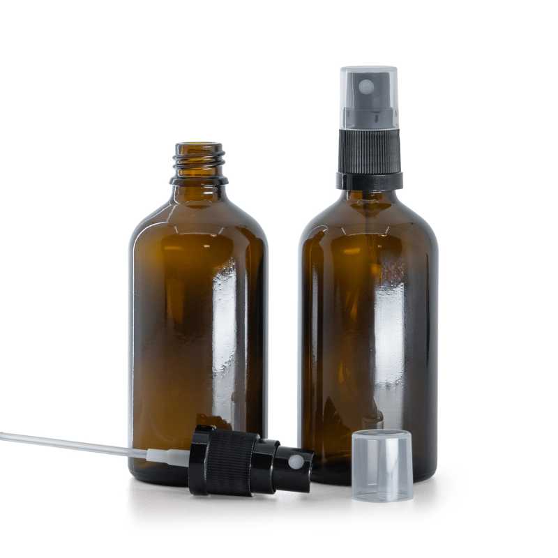 Borostyánszínű üvegpalack fekete permetezőfejjel 100 ml