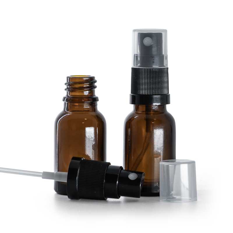 Borostyánszínű üvegpalack fekete permetezőfejjel, 15 ml