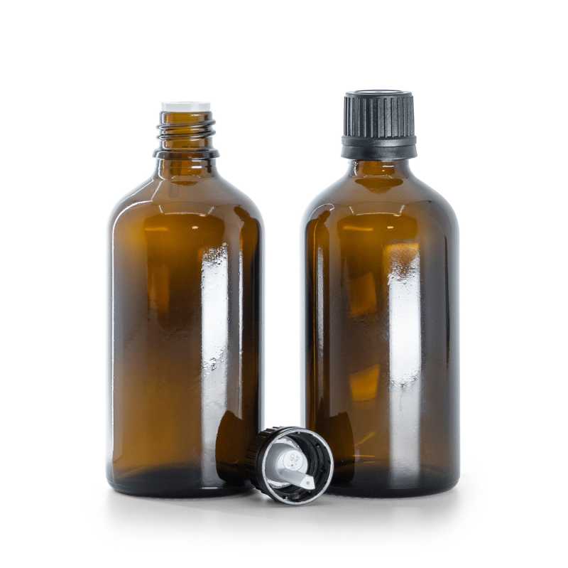 Borostyánszínű üvegpalack fekete cseppentős kupakkal 100 ml