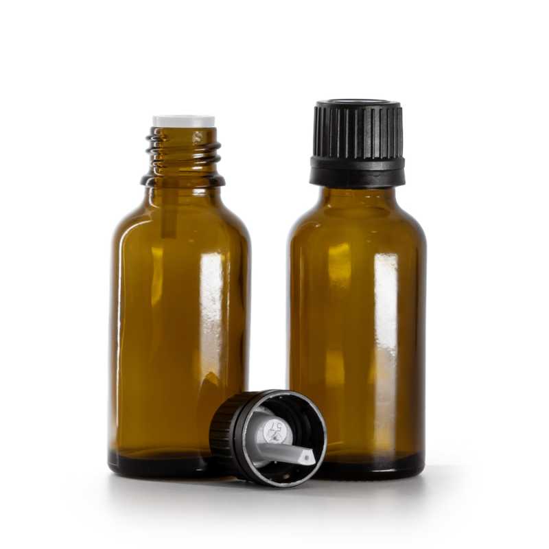 Borostyánszínű üvegpalack fekete pipettás kupakkal 30 ml