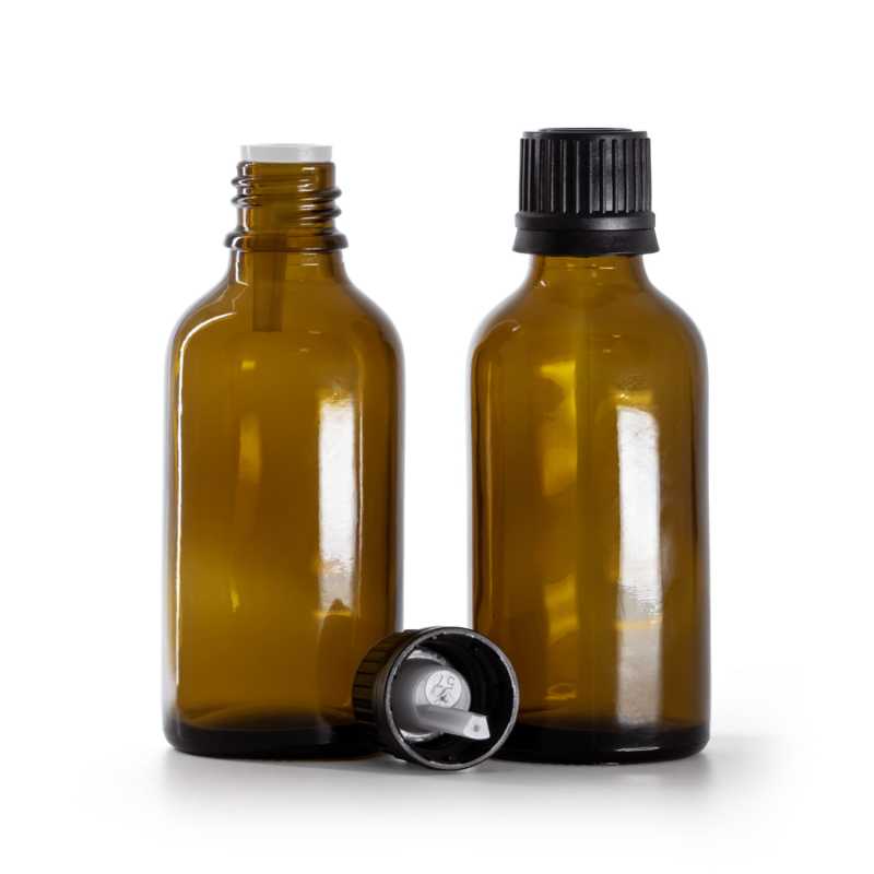 Borostyánsárga üvegpalack fekete cseppentős kupakkal 50 ml