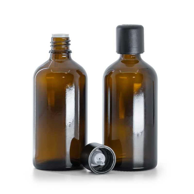 Borostyánszínű üvegpalack cseppentőbetéttel és fekete garanciazáras kupakkal 100 ml