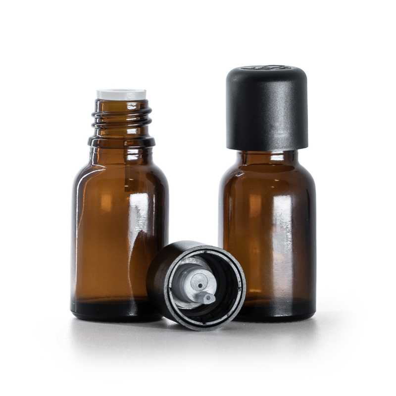 Borostyánszínű üvegpalack fekete, manipulálásbiztos kupakkal és cseppentőbetéttel 15 ml