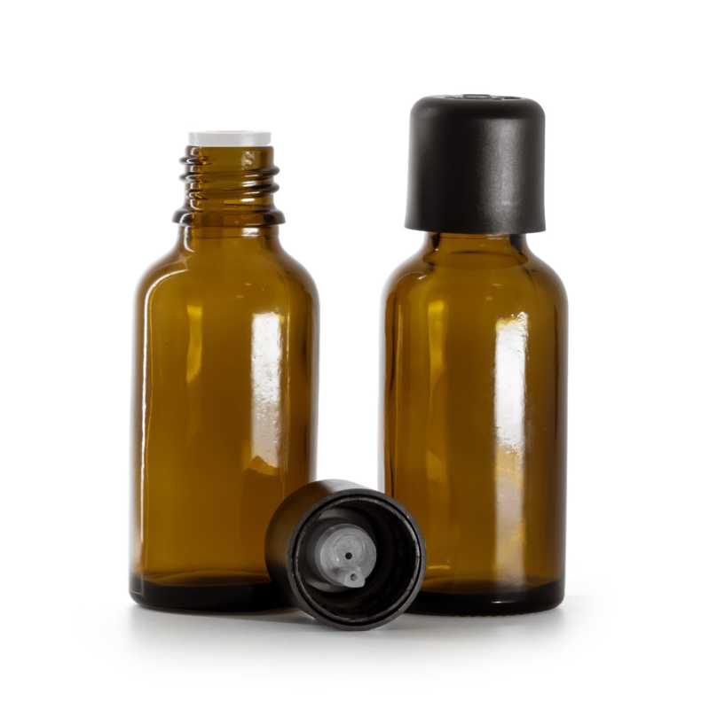 Borostyánszínű üvegpalack fekete, műanyag, plombabiztos zárókupakkal és cseppentőbetéttel 30 ml
