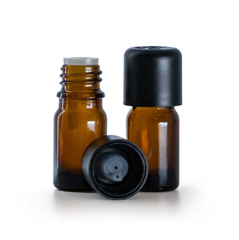 Borostyánszínű üvegpalack fekete, manipulálásbiztos biztonsági kupakkal és cseppentőbetéttel 5 ml