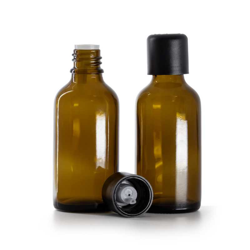 Borostyánszínű üvegpalack fekete, garanciazáras cseppentős kupakkal 50 ml