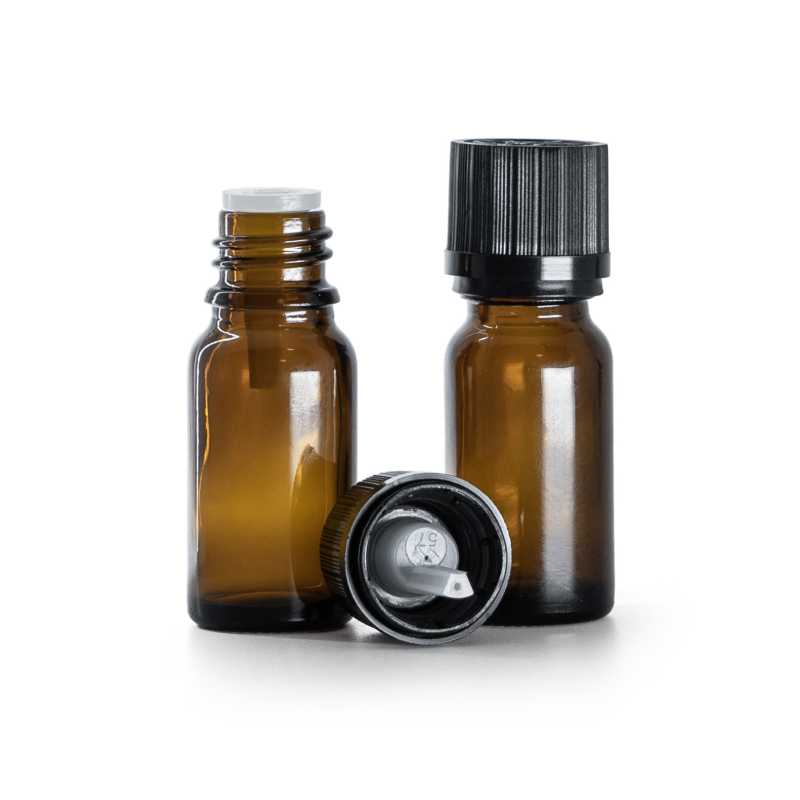 Borostyánszínű üvegpalack fekete bordázott biztonsági kupakkal, 10 ml