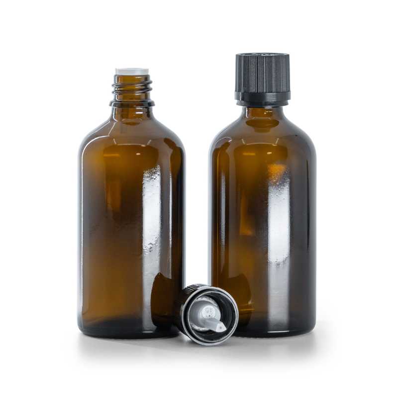 Borostyánszínű üvegpalack fekete biztonsági kupakkal és cseppentő betéttel 100 ml