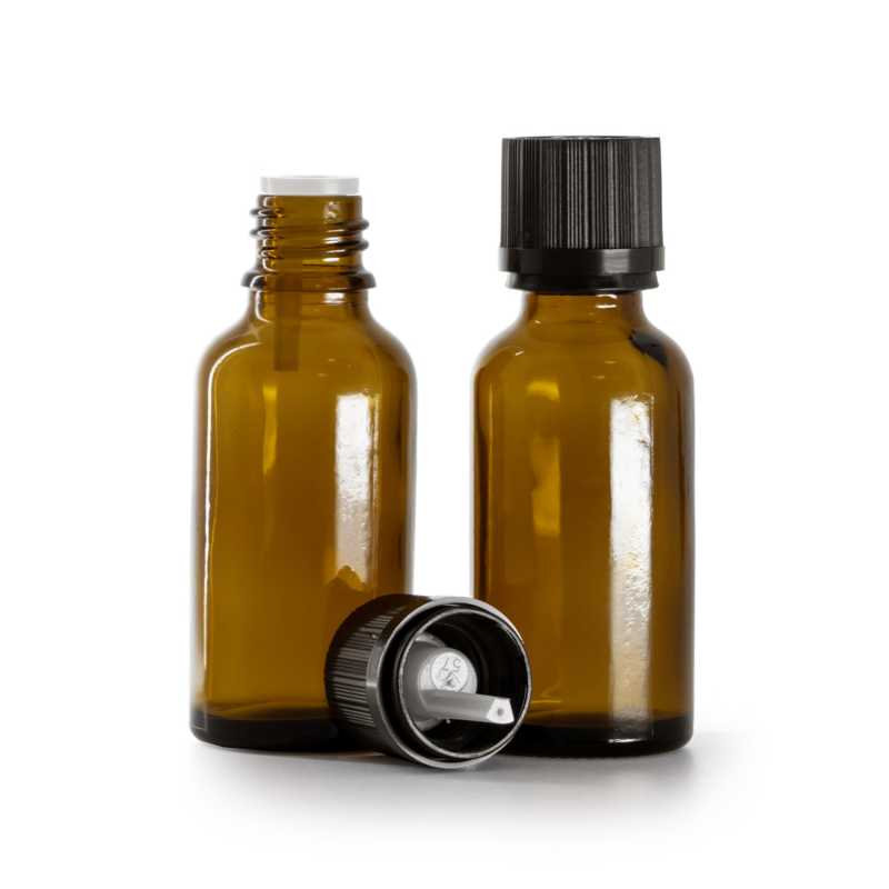 Borostyán színű üvegpalack bordázott fekete biztonsági kupakkal 30 ml