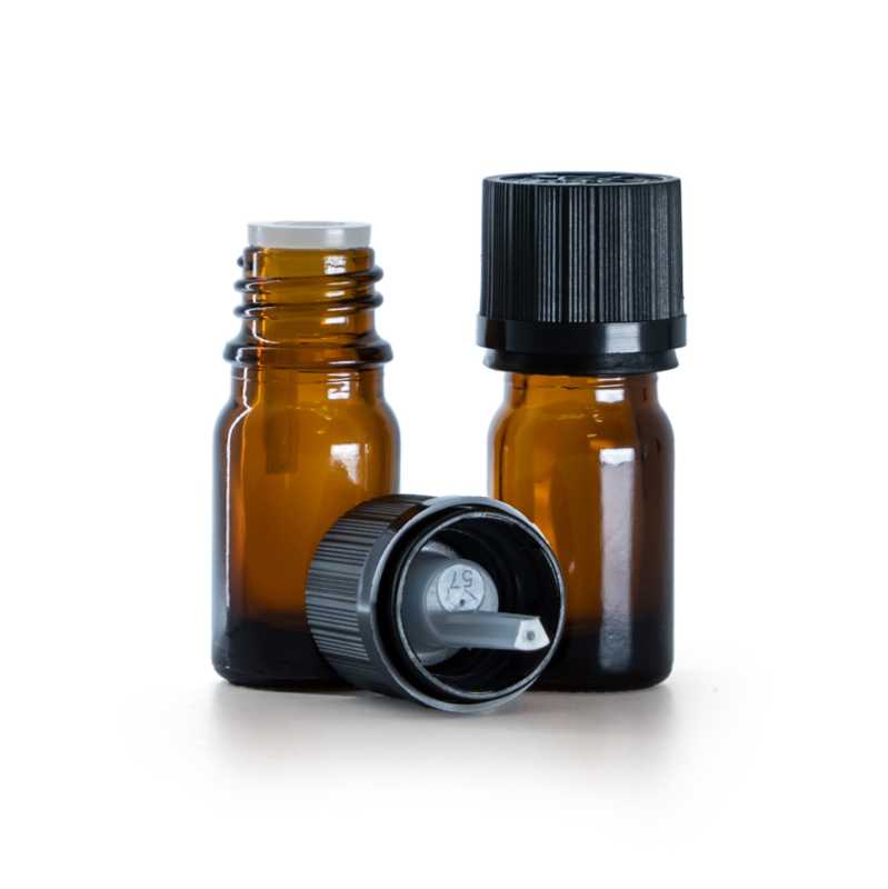 Borostyánsárga üvegpalack fekete biztonsági kupakkal és cseppentőbetéttel 5 ml
