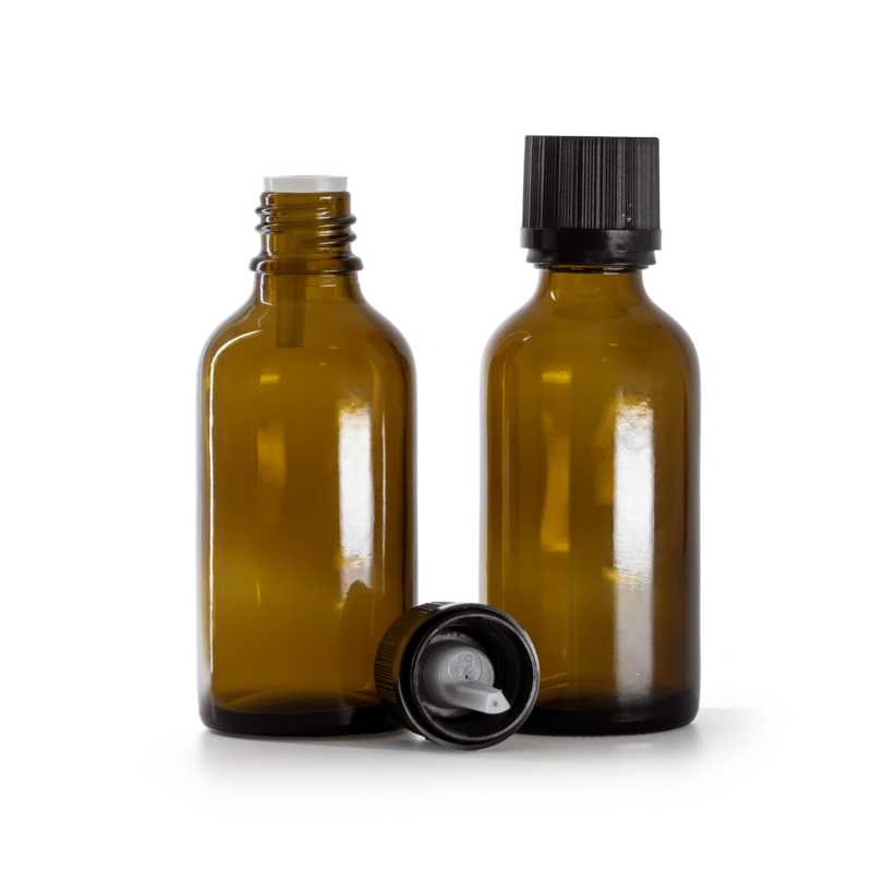 Borostyánszínű üvegpalack fekete bordázott biztonsági kupakkal 50 ml