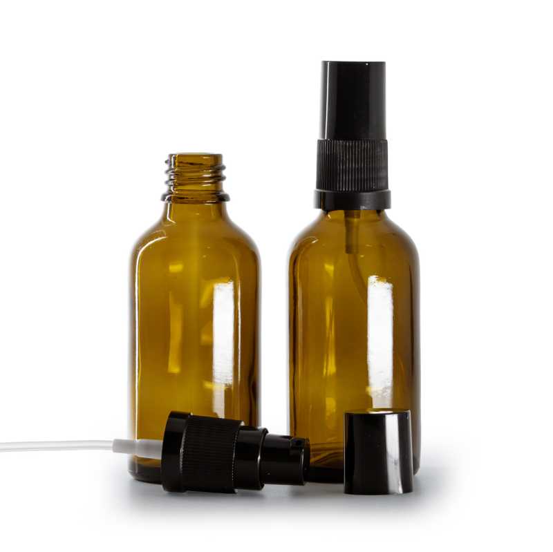 Borostyánszínű üvegpalack fekete krémadagoló pumpával és fekete kupakkal, 50 ml