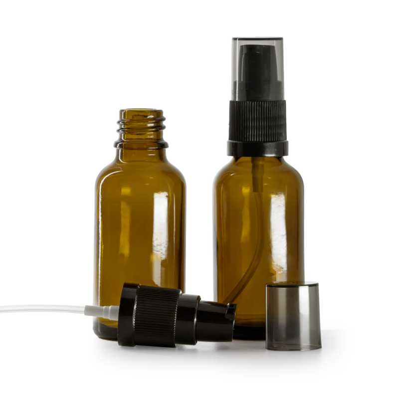 Borostyánszínű üvegpalack adagolófejjel és füstös kupakkal, 30 ml