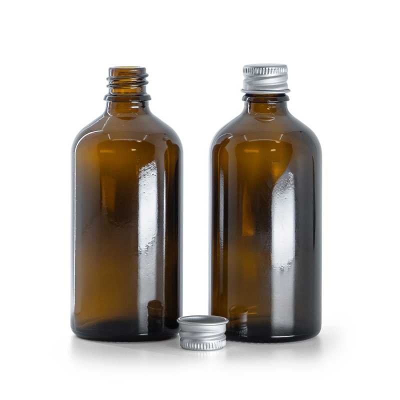 Borostyánszínű üvegpalack ezüst alumínium kupakkal 100 ml