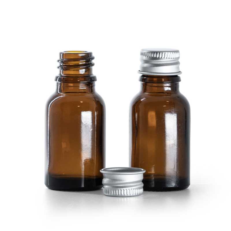 Borostyánszínű üvegpalack ezüst alumíniumkupakkal, 15 ml