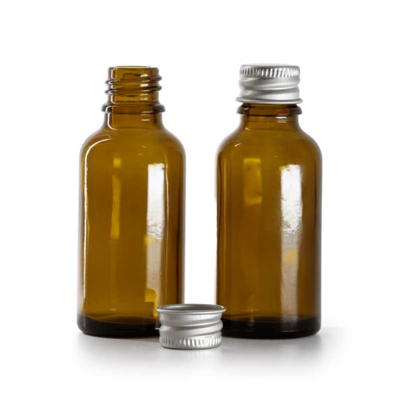 Borostyánszínű üvegpalack ezüst színű alumínium csavarzárral, 30 ml