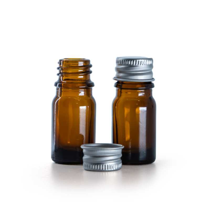 Borostyánszínű üvegpalack ezüst alumínium kupakkal, 5 ml