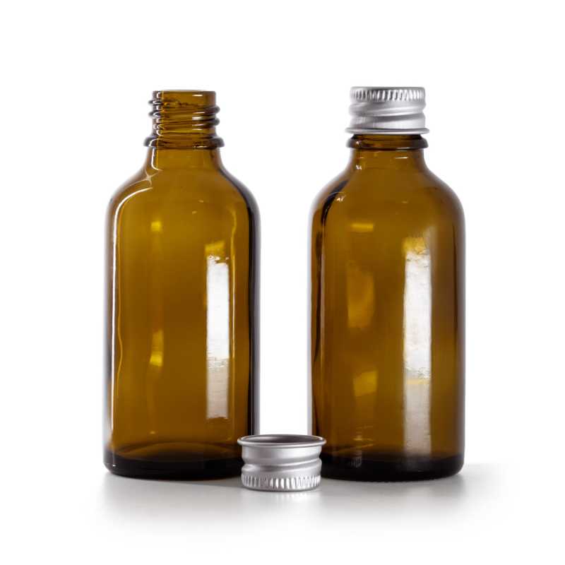 Borostyánszínű üvegpalack ezüst alumínium csavaros kupakkal, 50 ml