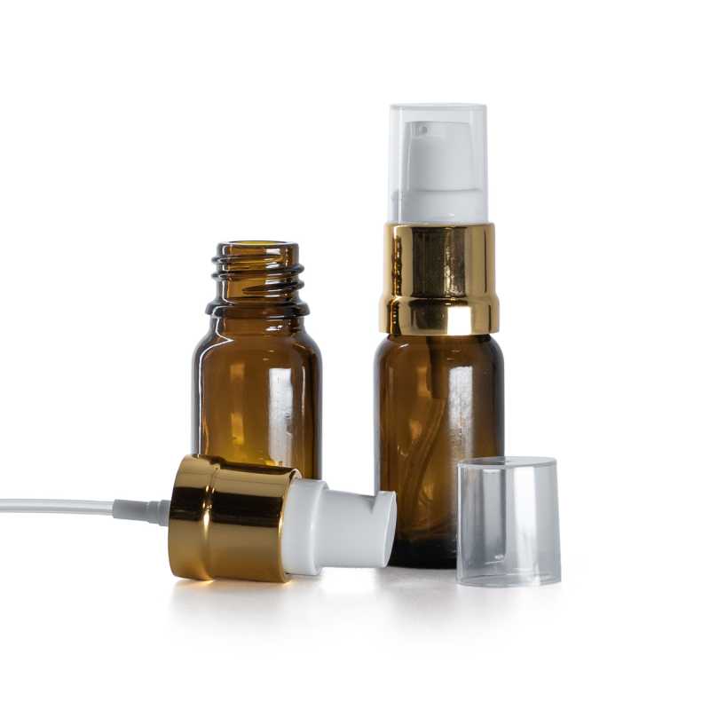 Borostyánszínű üvegpalack fényes fehér-arany adagolóval, 10 ml