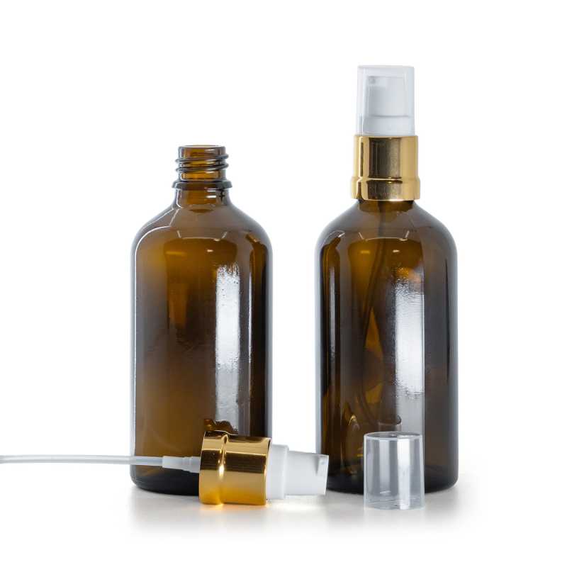 Barna üvegpalack fényes fehér-arany adagolóval, 100 ml