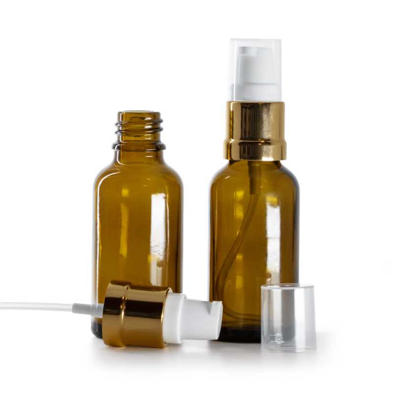 Barna üvegpalack fényes fehér-arany adagolóval, 30 ml