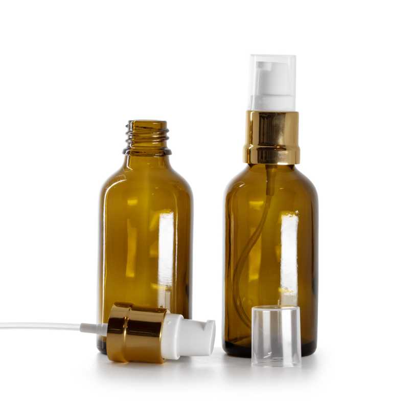 Borostyánszínű üvegpalack fényes fehér-arany adagolóval 50 ml