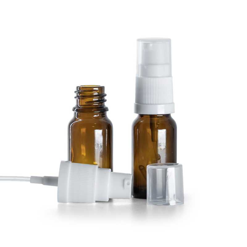 Borostyánszínű üvegpalack fehér krémpumpával, 10 ml