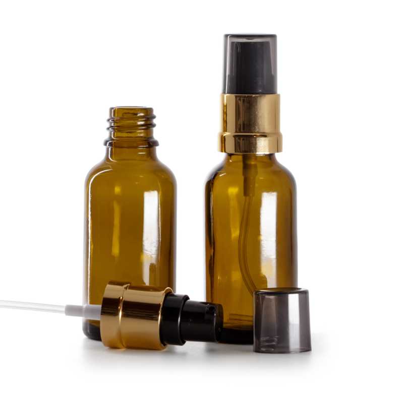 Borostyánszínű üvegpalack fekete-arany fényes adagolófejjel 30 ml