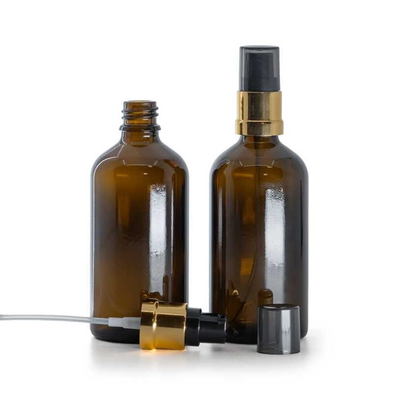 Barna üvegcse, fekete-arany fényes pumpa füstös felső kupakkal, 100 ml