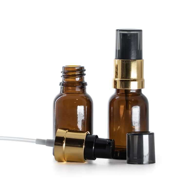 Barna üvegcse, fekete‑arany fényes pumpa füstös felső kupakkal, 15 ml