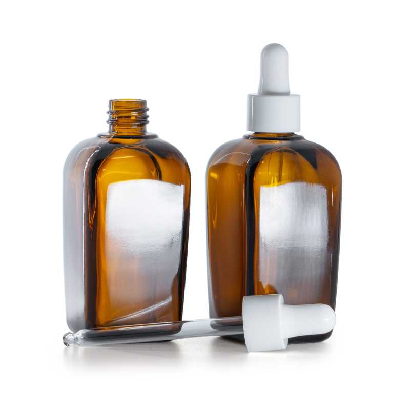 Szögletes borostyán színű üvegpalack fényes fehér pipettával 90 ml