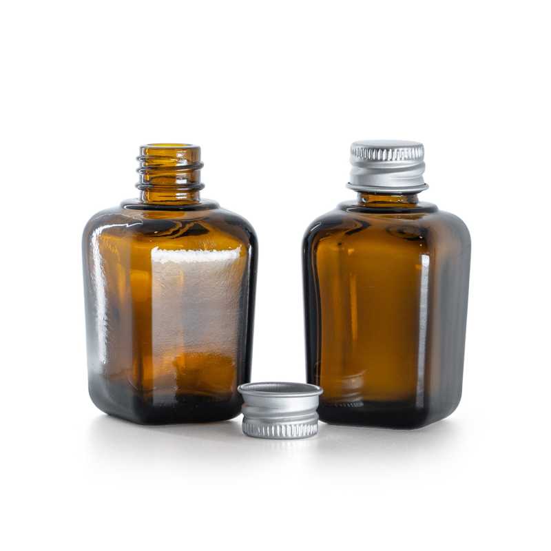 Négyszögletes borostyánszínű üvegpalack, ezüst alumínium kupak, 30 ml