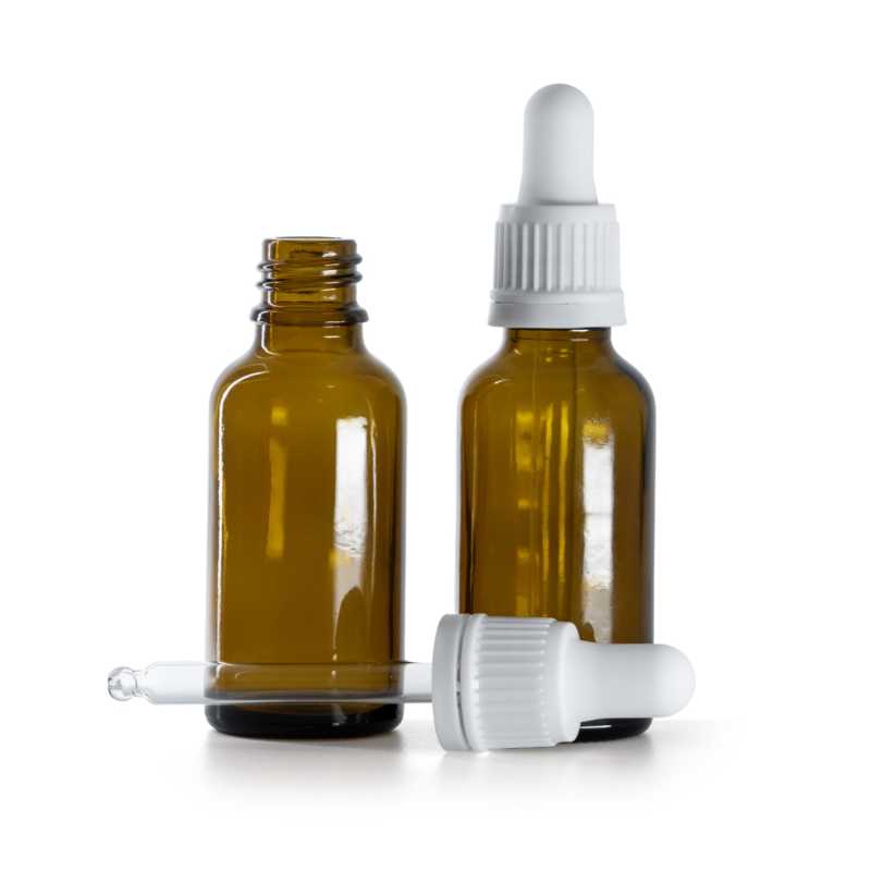 Borostyánszínű üvegpalack fehér pipettával, 30 ml