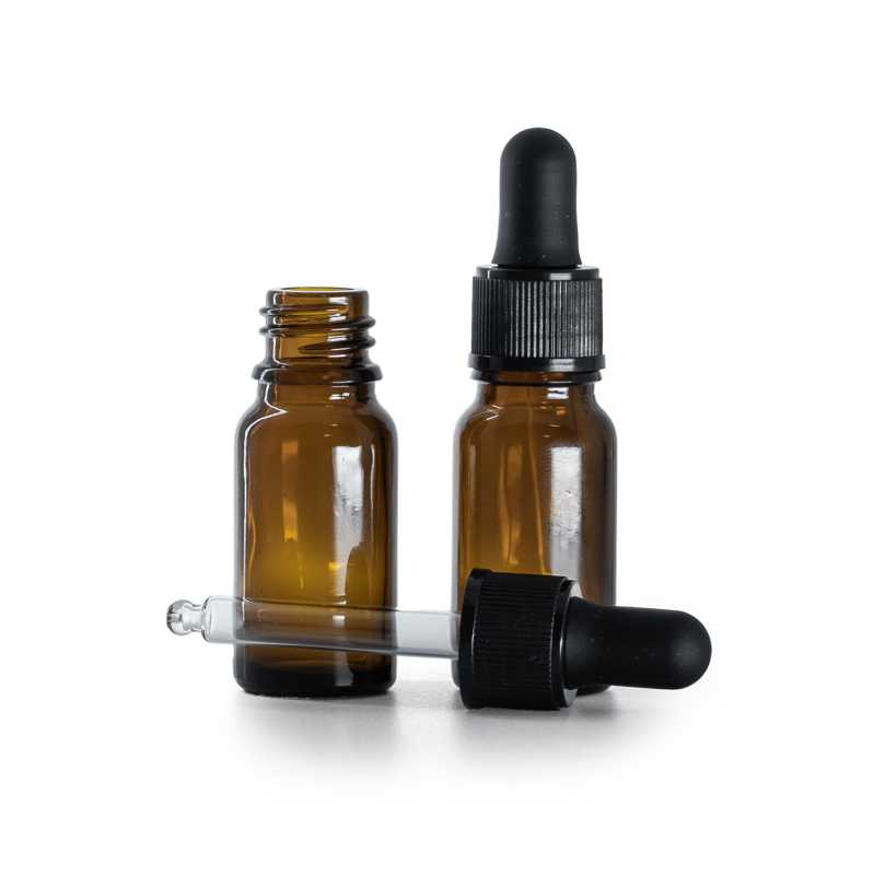 Borostyánsárga üvegpalack matt fekete cseppentővel, 10 ml