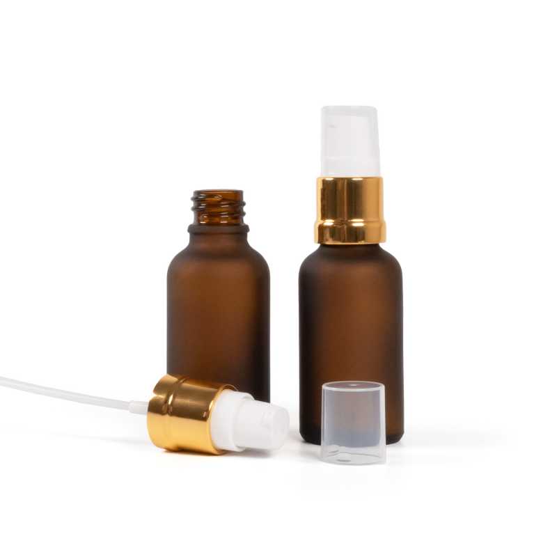 Matt borostyánszínű üvegpalack, fényes fehér-arany adagoló, 30 ml