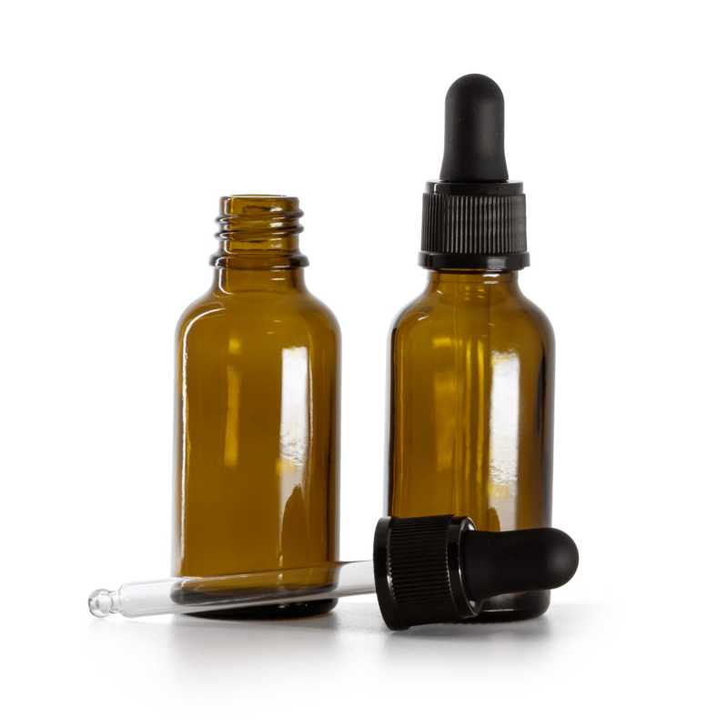Borostyánszínű üvegpalack, matt fekete cseppentő, 30 ml