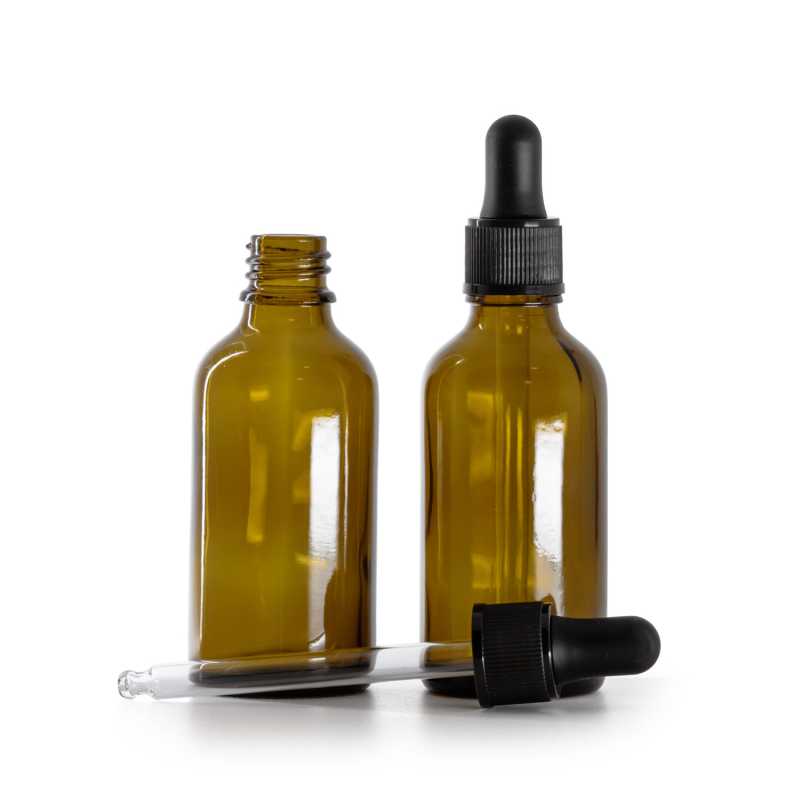 Borostyánszínű üvegpalack matt fekete pipettával 50 ml