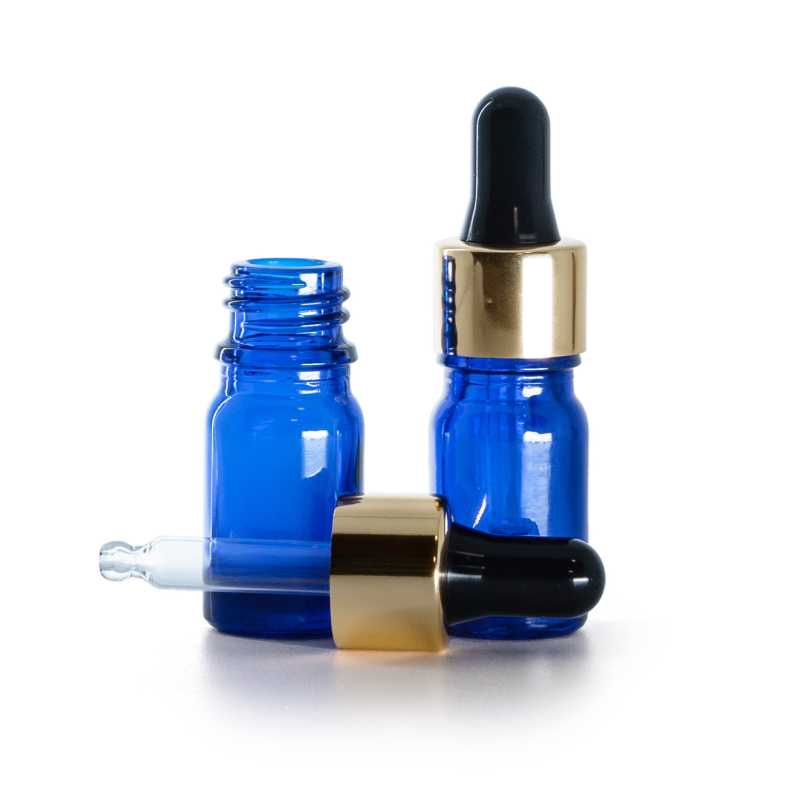 Kék üvegpalack fekete-arany pipettával 5 ml