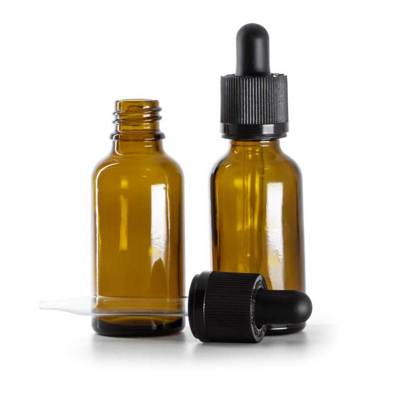 Borostyánsárga üvegpalack, inviolabilis cseppentővel, 30 ml