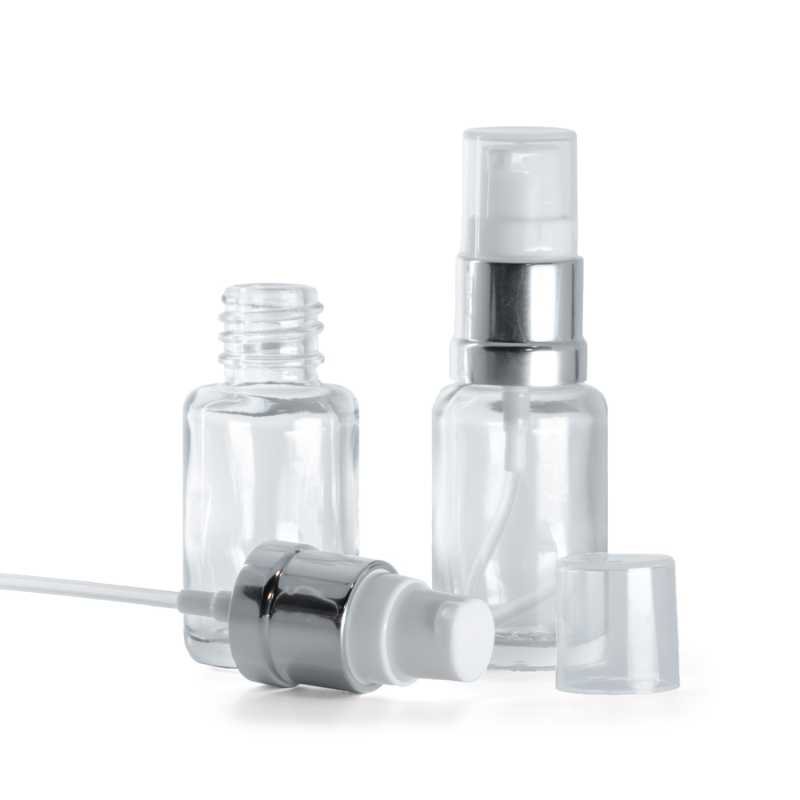 Átlátszó üvegpalack, kerek, fényes fehér-ezüst adagoló, 12 ml