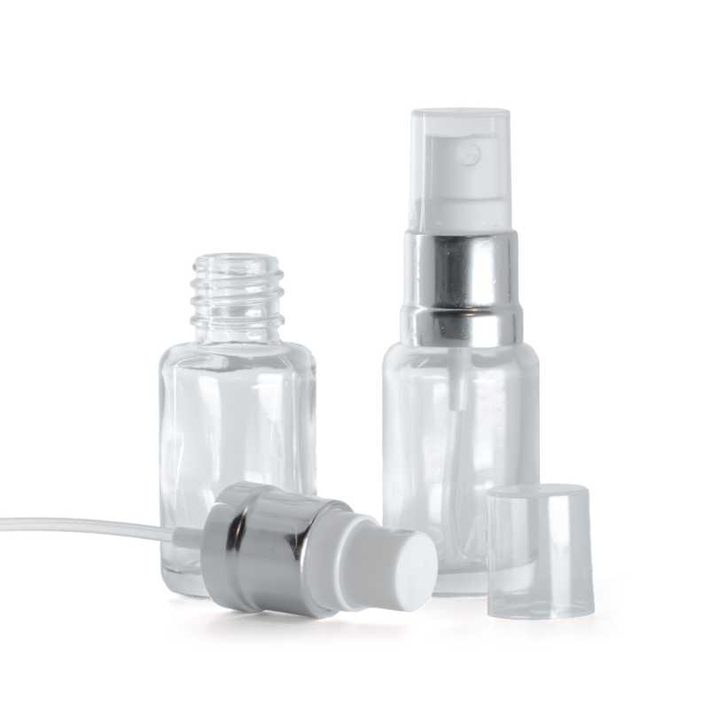 Átlátszó üvegpalack, kerek, fehér-ezüst permetezővel, 12 ml