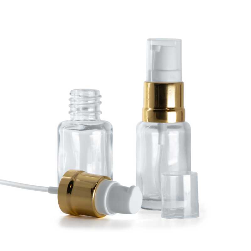 Átlátszó üvegpalack, kerek, fényes fehér-arany pumpa, 12 ml