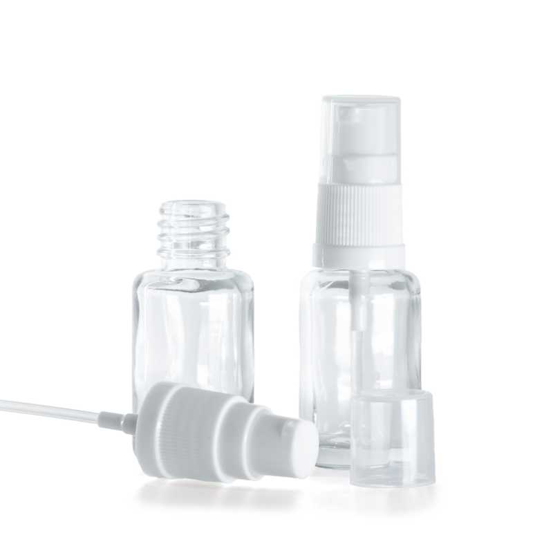 Átlátszó üvegpalack kerek fehér adagolóval 12 ml