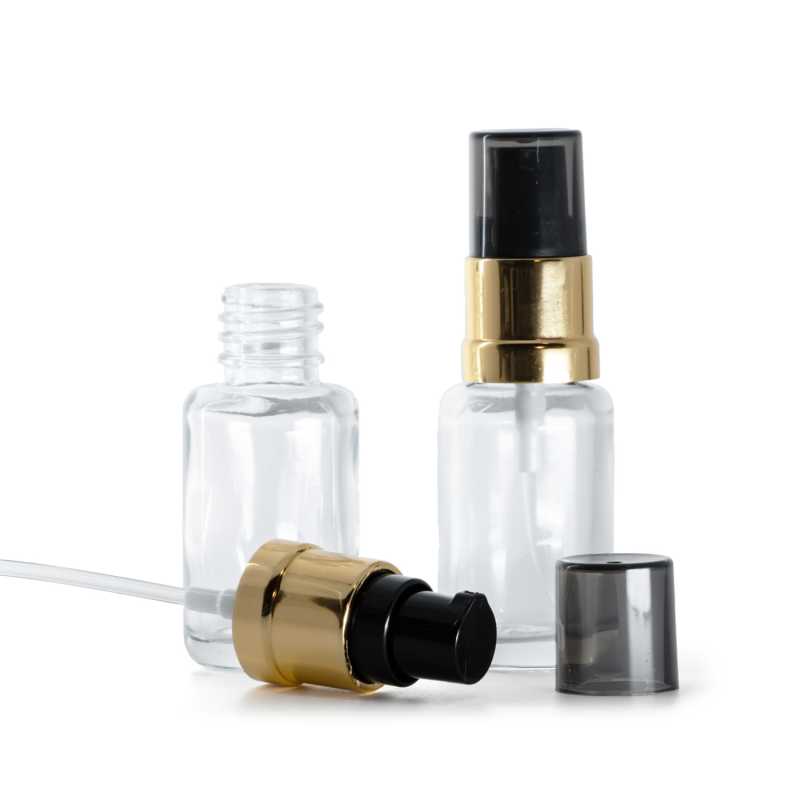 Átlátszó üvegcse, kerek, fényes fekete-arany pumpa füstös felső kupakkal, 12 ml